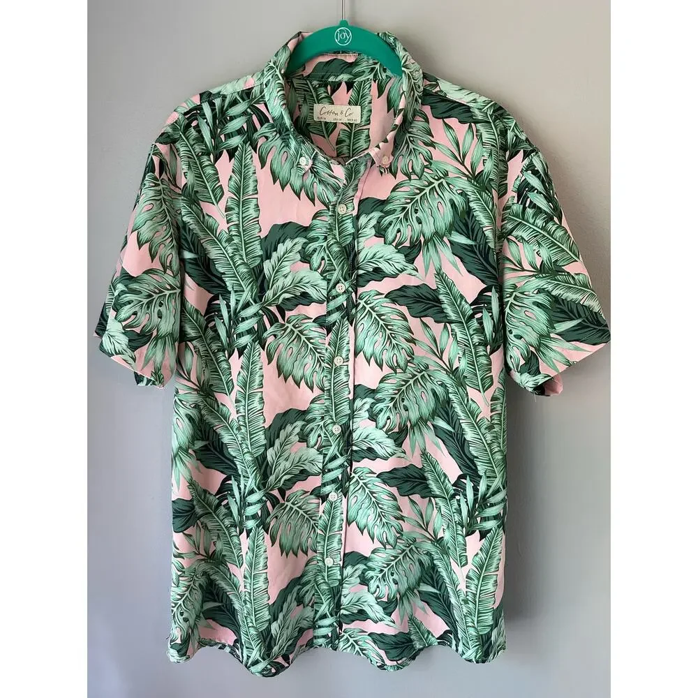 Cotton & Co Summer Palm Leaves Pink and Green Button up shirt, size mens Medium - Picture 1 of 6